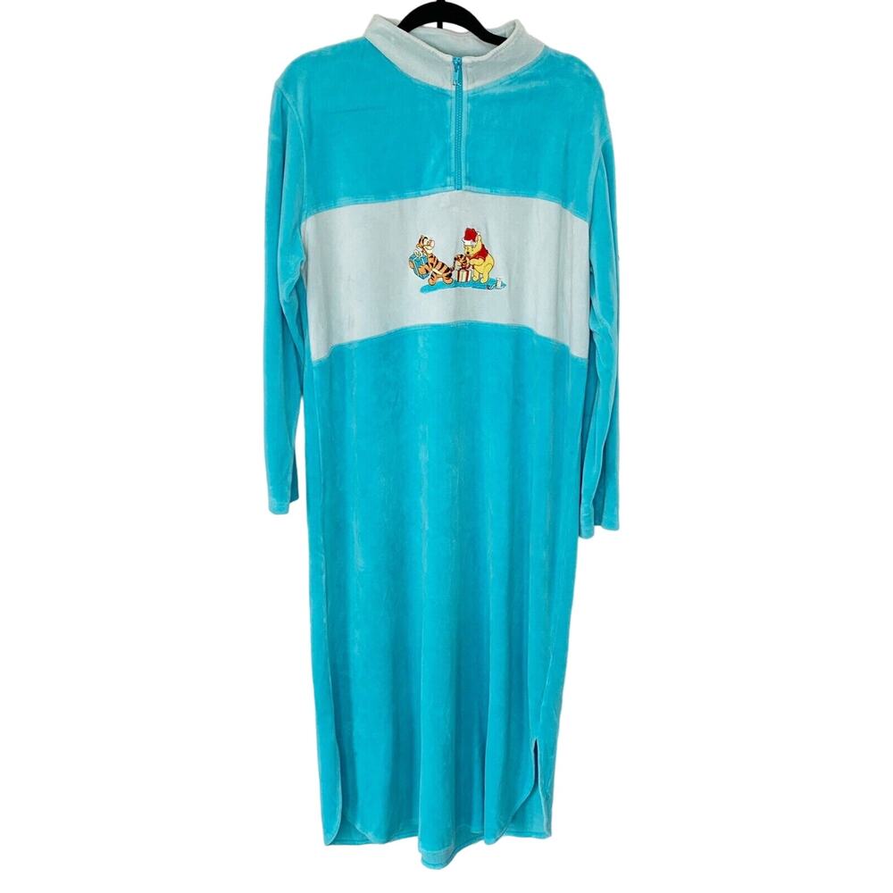 DISNEY Vintage Winnie Pooh‎ Christmas Maxi Nightgown Pullover Robe Blue Womens L